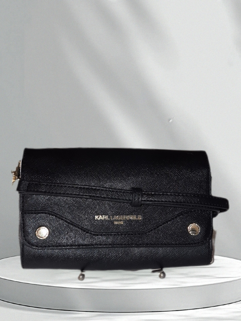 Karl Lagerfeld Black Textured Leather Crossbody Wallet with Gold Accents